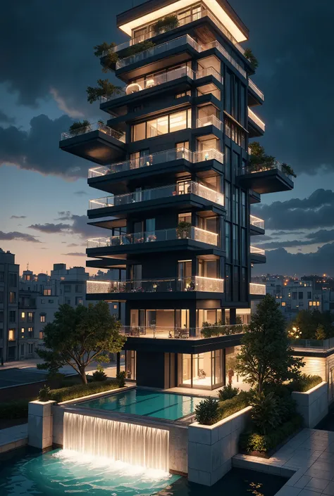 design a massive, ultra-modern skyscraper inspired by fallingwater, set against the backdrop of a night sky. the structure shoul...