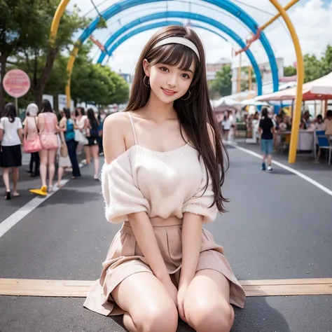 laughing out loud，Cute style wear，The skirt shows fluffy curvature，Wear a headband，knee shot, The background is an amusement park during the day，1 female, light brown hair, blunt bangs, hair behind ears, Shoulder length hair, long hair, Slender body shape,...