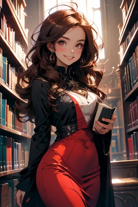 Perfect face. Perfect hands. A brown haired woman with red eyes and an hourglass figure in red Gothic dress is smiling while checking out books in the library
