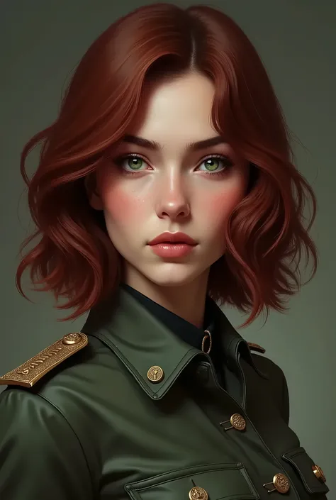 Une femme de 24 ans, avec des cheveux de couleur bordeaux, yeux vert foncé, couleur de la peau blanche avec des vêtements militaire, et elle est dorigine italienne 