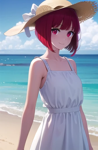 kanaarima, kana arima, short hair, bangs, (red eyes:1.3), red hair, bob cut, smile,
BREAK hat, dress, ribbon, sleeveless, white dress, sleeveless dress, white headwear, sun hat, sundress,
BREAK outdoors, ocean, beach, sun, sky, clouds, day,
BREAK looking a...