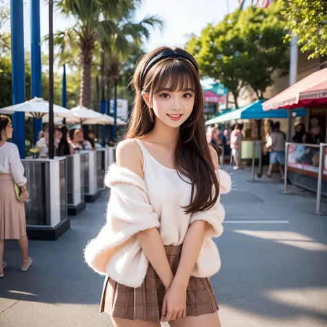 laughing out loud，Cute style wear，The skirt shows fluffy curvature，Wear a headband，knee shot, The background is an amusement park during the day，1 female, light brown hair, blunt bangs, hair behind ears, Shoulder length hair, long hair, Slender body shape,...