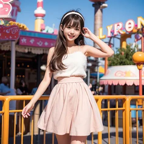 laughing out loud，Cute style wear，date attire，The skirt shows fluffy curvature，Wear a headband，knee shot, The background is an amusement park during the day，1 female, light brown hair, blunt bangs, hair behind ears, Shoulder length hair, long hair，Depth of...