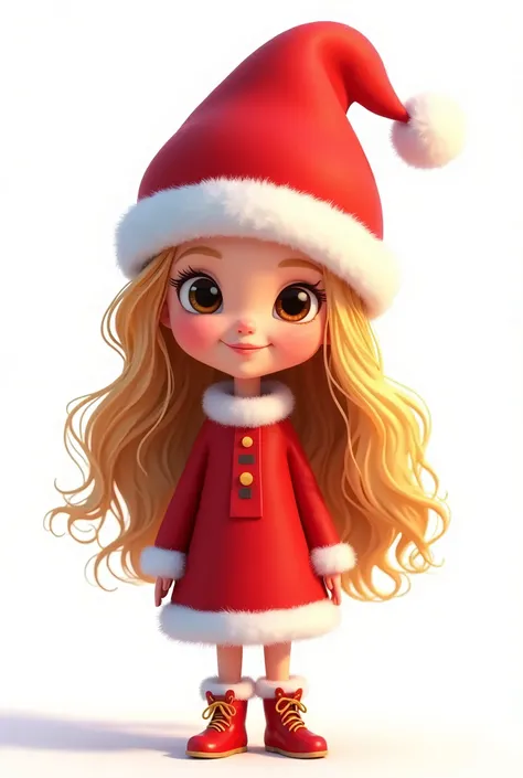 Disney Pixar style illustration of a young girl, on a white background. She wears Christmas clothes and a hat, with vibrant red. She has long, wavy blonde hair., are you happy, dark eyes, slim face and clear skin.