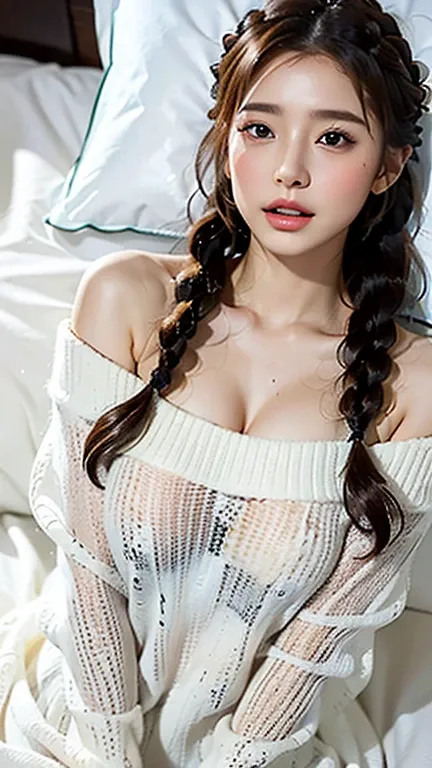 (((woman lying on bed in bedroom)))、emphasize chest、transparent white bodycon sweater dress、same，off-the-shoulder bodycon sweate...