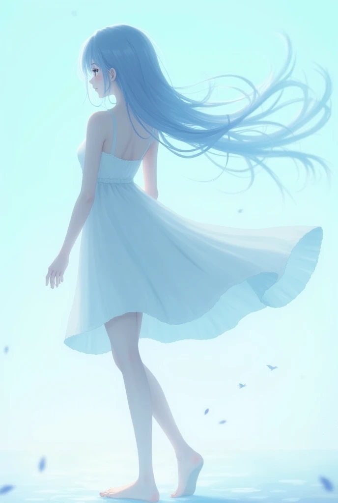 Anime Girl　Light light blue background　Back view, fluttering hair