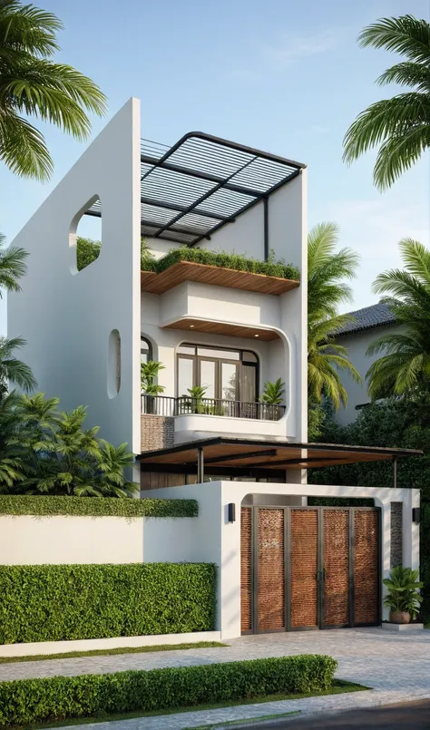 the house has 2 floors and 1 attic with a terrace. tall and narrow with modern design, steel gates and wooden details. the outsi...