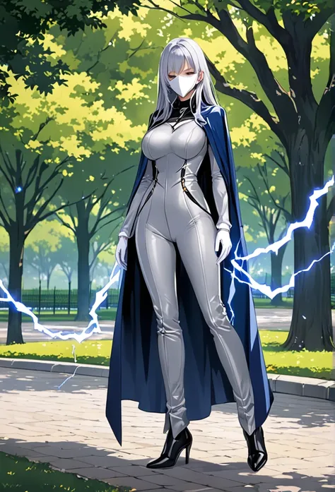 , 1girl, solo, grey full bodysuit, long blue cape, cape touches on ground, white gloves, Wide Leg Faux grey Leather Pants, black heel boots, grey hair, long hair, white mask covered faces, masterpiece, best quality, park, standing, Looking at viewer, Breas...