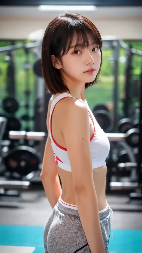 (best quality, 4K, masterpiece：1.3), 1girl, 18 years old, short hair, track pants, Wet body, gym room, A half body, Look into the camera