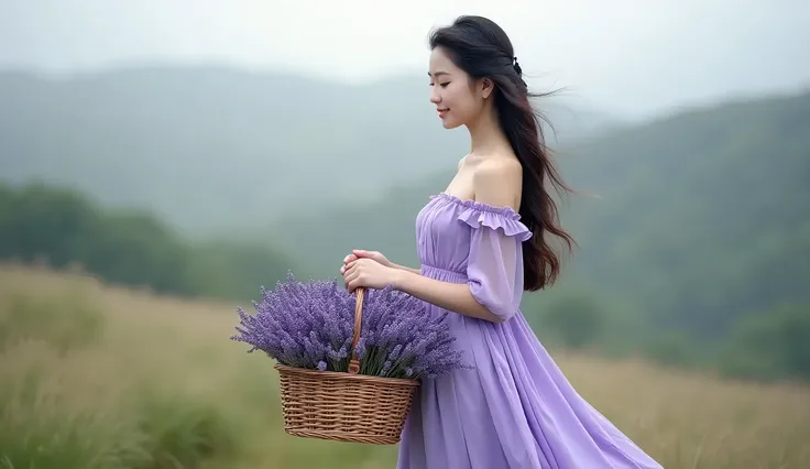 Woman in lilac dress holding hands holding a basket full of lilac lavender flowers 