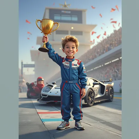 This boy just won the world cup racing. Picture this . Change the background to suit the setting. , nearby there is a jubilant crowd and upset rivals . Behind the boy is his sports car.. In the raised hand is a diamond cup 