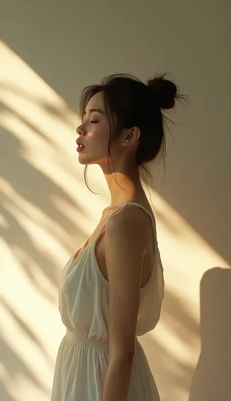 a beautiful young indonesian woman, 28 years old, messy bun brown hair, standing in front of white wall, head turned to the right, eyes closed, wearing a vintage broken white dress, golden hour lighting, shadow play from leaves and trees, shoot from the fr...