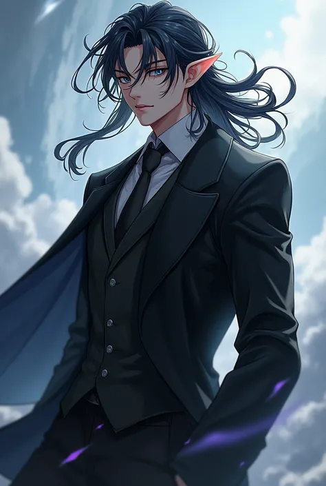 Create a character similar to Sung Jin Woo but with the anime style Half-elf man In an open black suit, with white shirt, and tie loose in the wind Anime