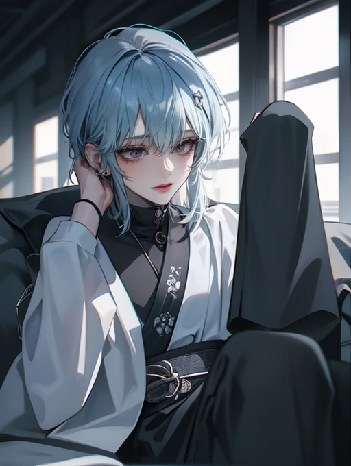 One Beautiful Boy、Hairstyle with light golden color and black end color、Light blue colorcon、small face、anime makeup、"A man with a cute and androgynous face"、white skin、cute eyes、Very thin eyebrows、tall、stylish black gothic fashion、long sleeves long pants、W...