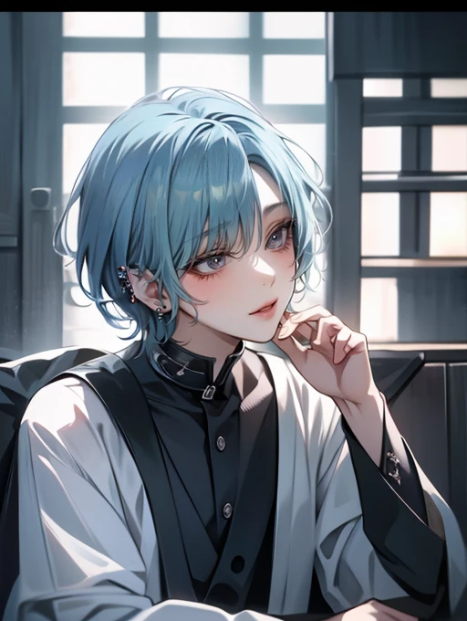 One Beautiful Boy、Hairstyle with light golden color and black end color、Light blue colorcon、small face、anime makeup、"A man with a cute and androgynous face"、white skin、cute eyes、Very thin eyebrows、tall、stylish black gothic fashion、long sleeves long pants、W...