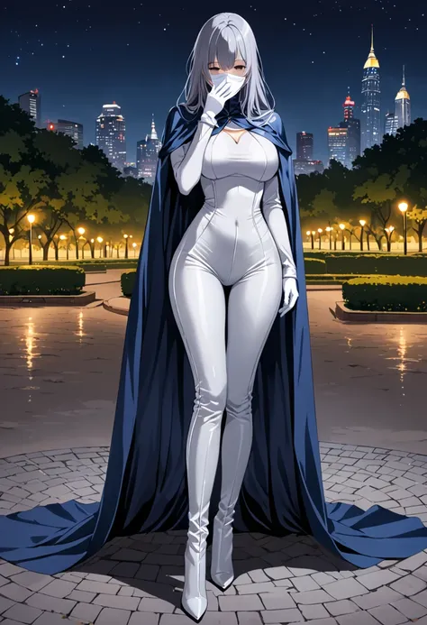 , 1girl, solo, grey full bodysuit, long blue cape, cape touches on ground, white gloves, Faux grey Leather Pants, black heel boots, grey hair, long hair, white mask covered whole face, masterpiece, best quality, park, night, standing, Looking at viewer, Br...