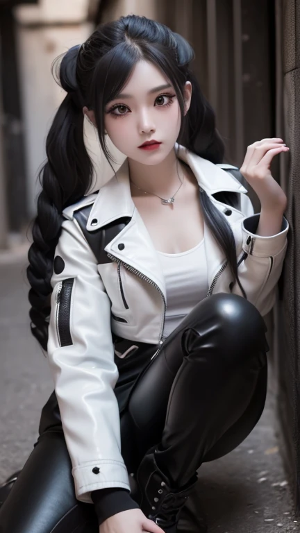 A beautiful Thai young woman, Long twin tails, Black Hair, Detailed face, ((Emotionless face)), Plain Skin, Pure white eyes, Long eyelashes, (Looking down), Black eyeliner, white face makeup, Grey lipstick, Black leather jacket,Black Glow Lady Boots, Detai...