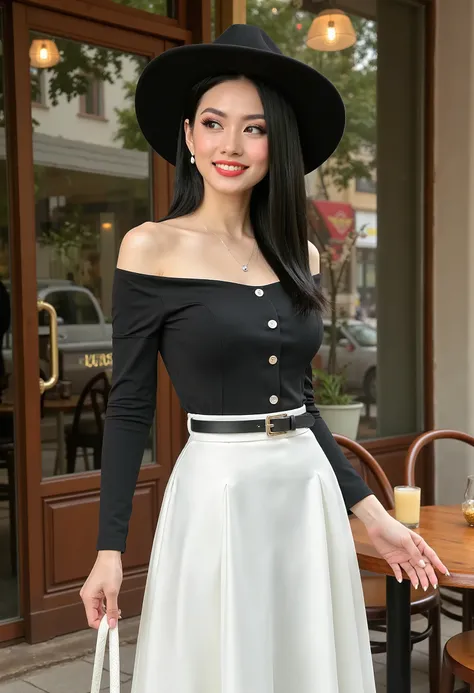 photography, model shoot, cowboy shot of a woman wearing a black off shoulder shirt and white skirt standing outside a cafe, she is posing, she has pretty lipstick, she is smiling, bright color, day light