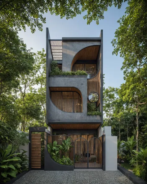 the house has 2 floors and 1 attic with a terrace. tall and narrow with modern design, steel gates and wooden details. the outsi...