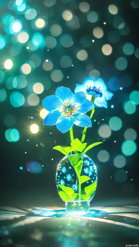 a bouquet of transparent luminescent anemone or blue cornflower flowers, transparent, Surrounded by sparkling lights, Beautiful ambient lighting, Very detailed, Realistic, 8k, Super detailed, Intricate floral arrangement, Delicate petals, Vibrant colors, N...