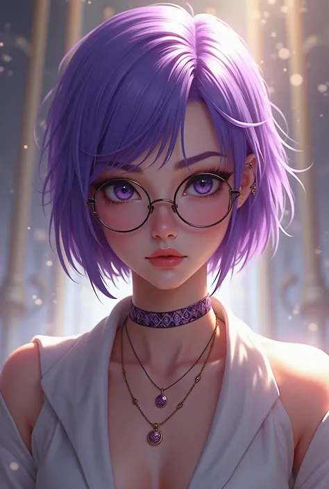 1 girl, mature woman, masterpiece, Herrin, goddess,short hair ,((purple hair)),Glasses