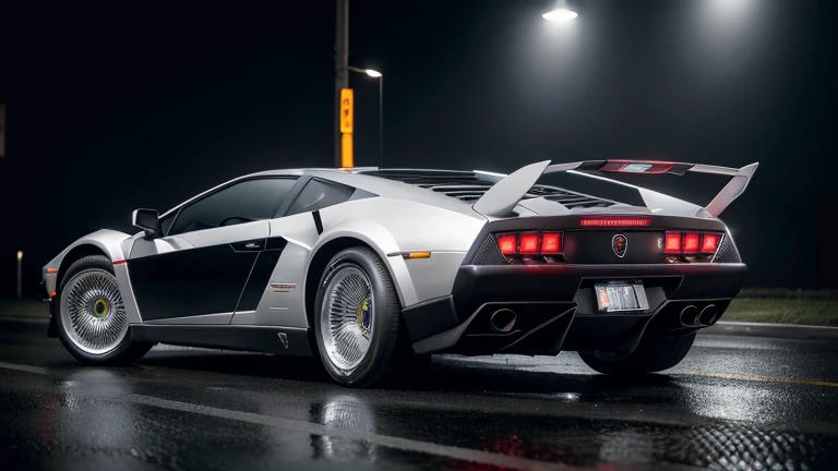 ((melhor qualidade)), ((obra-prima)), (detalhado), Hyper-realistic image of a Lamborghini Gallardo modified to look like the DeLorean from the movie Back to the Future. The car retains the Gallardo’s aerodynamic silhouette, but incorporates iconic DeLorean...