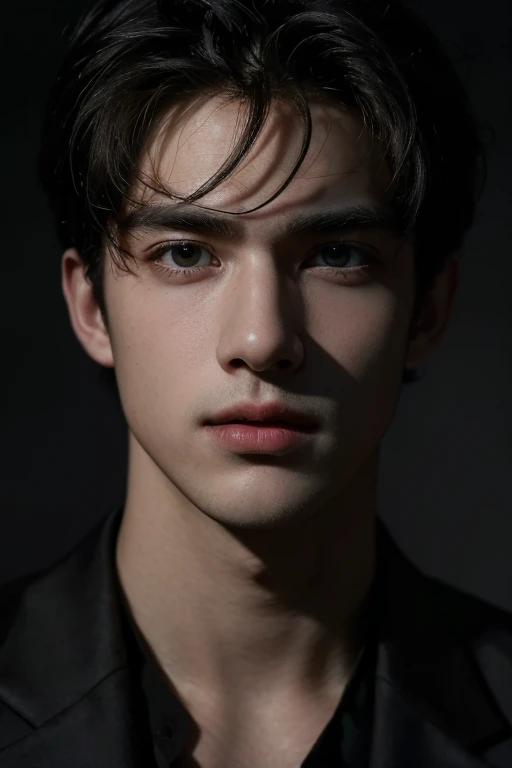 a young handsome man, upper body portrait, cinematic lighting, dramatic shadows, moody, serious expression, chiaroscuro lighting...