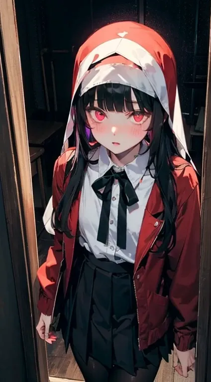 hmjy1, long hair, blunt bangs, red eyes, school uniform, red jacket, black pantyhose, white shirt, black ribbon, pleated skirt, long sleeves + glowing eyes, blush,mirrornun,insanevoid, glowing eyes, extra eyes, horror (theme)