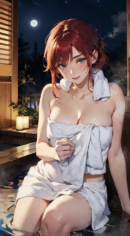 ,(((wrapping_bath_towel))),moonlight,stary_sky,onsen,night,steam,moon,red_hair,beautiful_hair,beautiful_eyes,1_beautiful_girl,cute_face,beautiful,best_quality,good_anatomy,