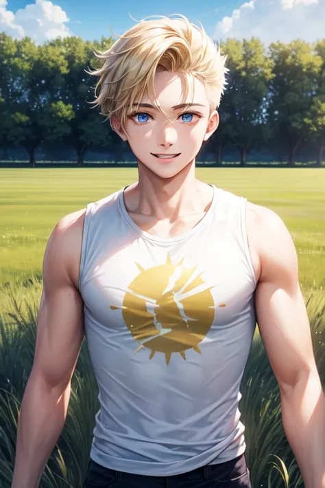 Young man of twenty years old , short spiky blonde hair , big bright blue eyes and expressive , upper body , looking at the viewer , white sleeveless t-shirt without print , extremely smiling , walking across a vast plain of green grass , by day , sunny da...