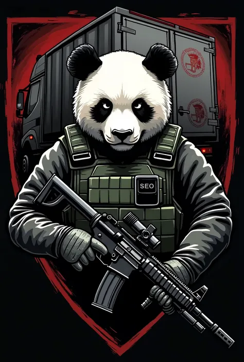 Make a logo of the Northeast Cartel with a panda and delivering perfumes in a truck with guns and vests that is bellicose