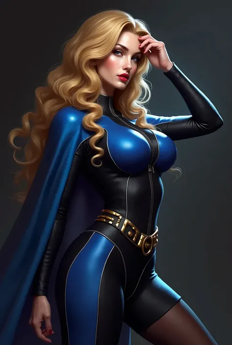 Blonde hair with long, loose waves., blue and black suit, form-fitting, With a prominent belt and white piping details., Gold accessory near the shoulder., Flowing cape-like fabric on the back, black stockings, Dynamic and slightly provocative pose., Manua...