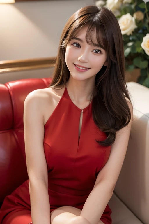 High resolution,bangs, Brown Hair, Long Hair, Brown eyes、Large Breasts、165 cm、
２４age、Beautiful Face、Natural Makeup、smile、Wine Red Dress、Red handbag、Girl sitting among roses、Drink coffee