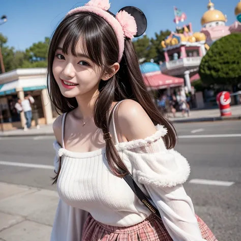 laughing out loud，Cute style wear，date attire，The skirt shows fluffy curvature，wearing mickey headband，Carrying a cute shoulder bag，knee shot, The background is an amusement park during the day，1 female, light brown hair, blunt bangs, hair behind ears, Sho...