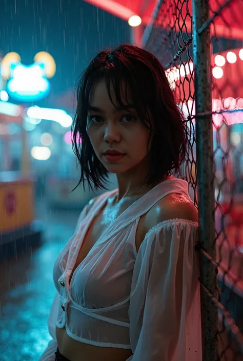 Captivating dramatic Fashion Portrait by Hasselblad X2D Photo shot in the amusement rides, there was a sweet Woman in transparent white blouse and skirt with Aerostreet sneakers, she sat and leaning against the concrete fence in amusement rides, naughty ex...