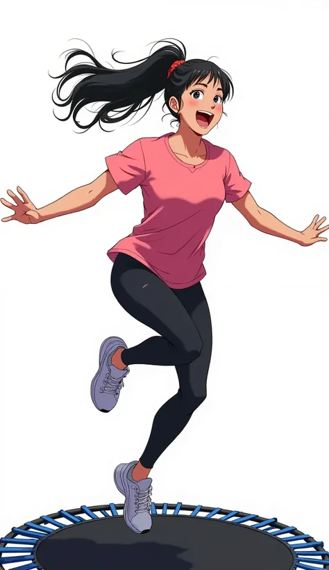 shonen art style, vibrant color, close up, pov from above, best quality, masterpiece, extremely detailed, plain white background, athletic woman, laughing, plain pink t-shirt and black leggings, sports shoes, jumping on small trampoline, extremely cute pos...