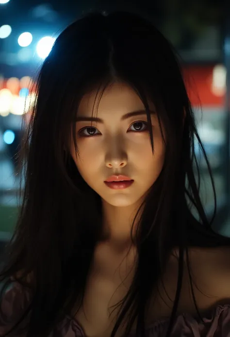 A cinematic portrait of an East Asian woman with long hair, dark flowing hair. She looks directly into the camera with a soft, intense gaze. The scene takes place at night, with natural light illuminating your face, creating a dramatic contrast between lig...