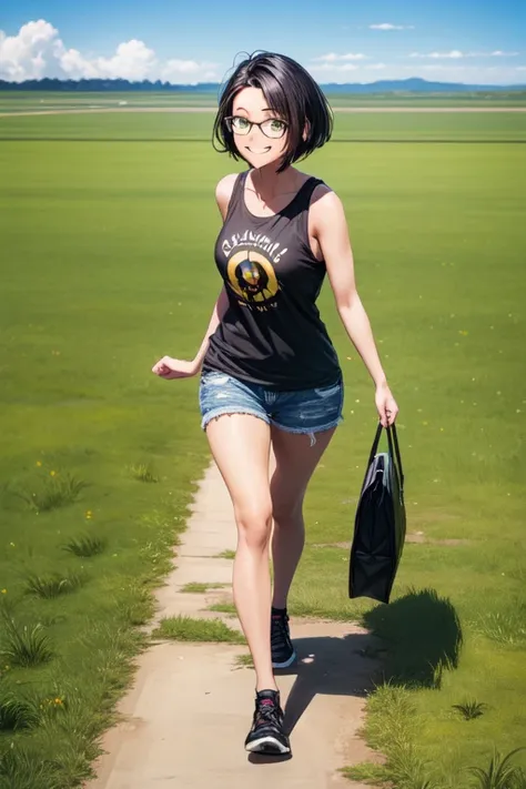 Young black woman in her twenties , short spiky black hair , large, bright, expressive light brown eyes , full body , looking at the viewer , prescription glasses , black sleeveless t-shirt without print , extremely smiling , walking across a vast plain of...