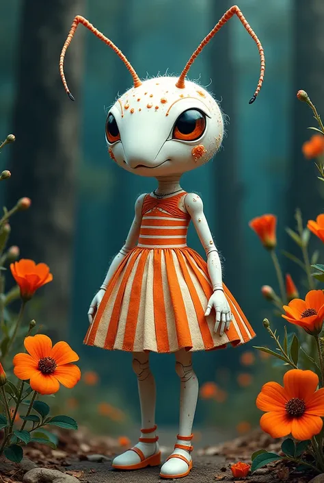 A white ant with its artificial dress ,  There are exquisite spots and stripe patterns on top, standing in the forest with flowers, leaves, and natural elements, which help create a dreamy effect. The blue and orange color,Blend earthy tones and deep reds....