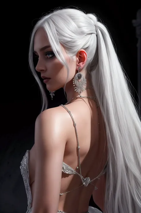 1 girl, detailed facial features, long white hair, elegant jewelry, moon-shaped earrings, intricate makeup, heterochromia, backview, dark gothic aesthetic, (best quality,4k,8k,highres,masterpiece:1.2),ultra-detailed,(realistic,photorealistic,photo-realisti...