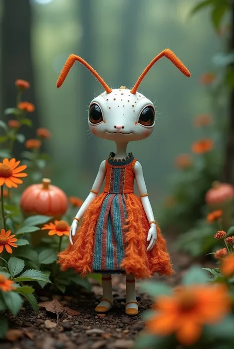 A white ant with its artificial dress ,  There are exquisite spots and stripe patterns on top, standing in the forest with flowers, leaves, and natural elements, which help create a dreamy effect. The blue and orange color,Fusion of earthy tones and deep r...