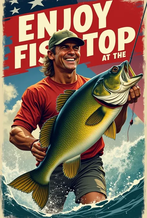 Beauty　Bass Fishing, , smile, Anatomically correct, 最High image quality, Accurate, American style propaganda poster, , Accurate, 最High image quality, high detail, High Resolution Model, High image quality, Ultra high definition, Textured Skin, Pop Art　Larg...