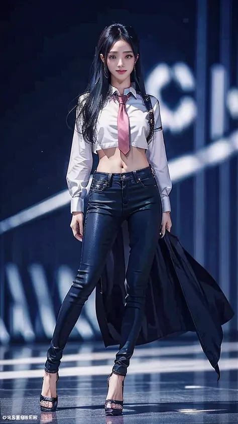 Acurate, Full Body Photo. 1 Jisoo from Blackpink、Black hair、black eyes、Semi-long、setting hair、Slender but well-proportioned muscular body、a smile、wearing a tie-front shirt、Abs are cracked、The navel is visible、Wearing high heels、wearing very tight sky blue ...