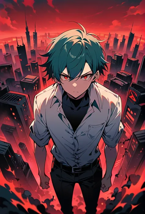 Male Teenager ,solo, white button down shirt, black undershirt, black jean pants, black shoes, teal hair, red eyes, serious look, masterpiece, best quality, city, hell, red sky, standing, Looking at viewer, 