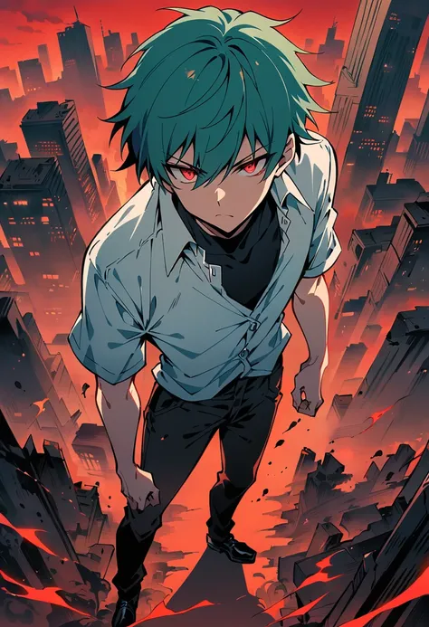 Male Teenager ,solo, white button down shirt, black undershirt, black jean pants, black shoes, teal hair, red eyes, serious look, masterpiece, best quality, city, hell, red sky, standing, Looking at viewer, 