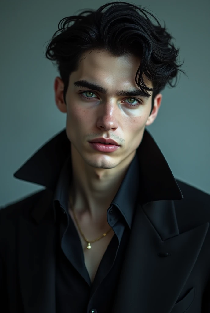 a Realistic image of a handsome young vampire, 20s years old adult White male man with grey blue eyes, black hair.  He wears all-black urban outfit, lean body, slight muscle, pale skin, well-kept black hair, and a pair of grey eyes. He is lean, with handso...