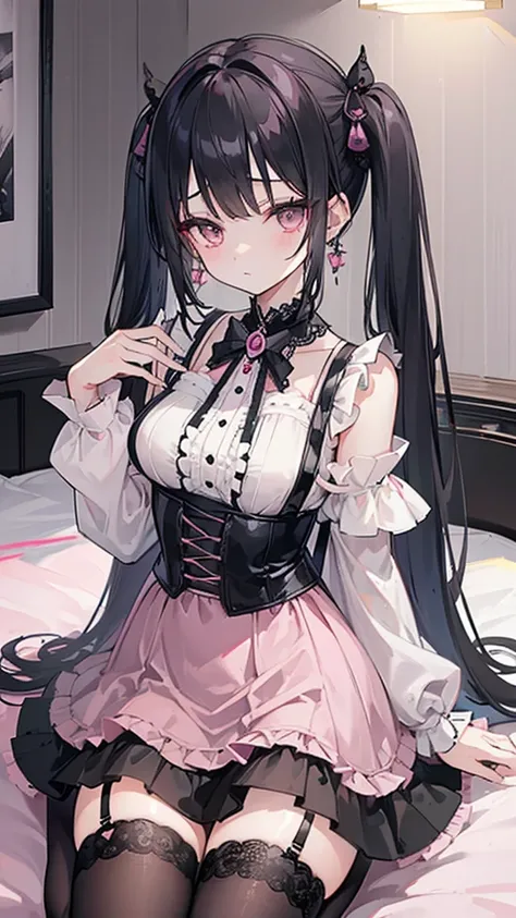 ((masterpiece、Please redeem、Very detailed))、One Girl、Black Hair、Long Hair、two side up、Short bangs、Pink vertical stripes、Grey Eyes、
、((Lots of earrings))、Medium Breast、((Pink Dress))、frills、Black Ribbon、((Off the shoulder))、((black suspender skirt))、((mini ...