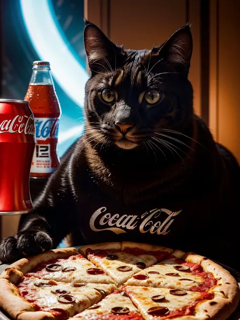 A close-up portrait of a big cat, futuristic sci-fi environment, the cat is eating a pizza and drinking Coca-Cola, cinematic composition, vibrant colors, hyper-detailed, photorealistic, 8k, masterpiece
