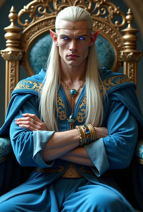 An elf man, long pointed elf ears, white skin, very handsome, very tall, athletic body, elegant and mature face, completely hairless, intense gaze, stern expression, neon purple glowing eyes, very long hair, straight and smooth hair, blond hair, noble blue...