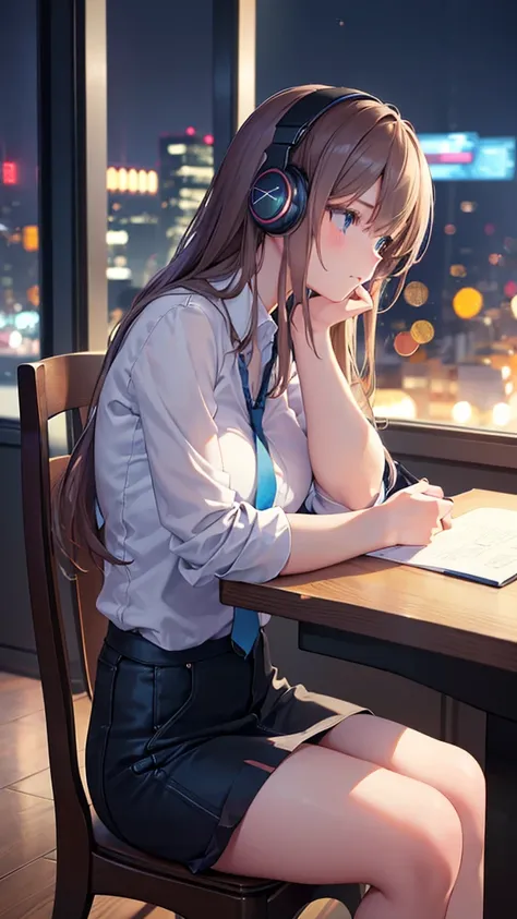 1 girl, night cafe, night cityscape through window, side profile, student uniform, headphones, studying alone, sitting on chair, closed mouth, anatomically correct, (best quality,4k,8k,highres,masterpiece:1.2),ultra-detailed,(realistic,photorealistic,photo...